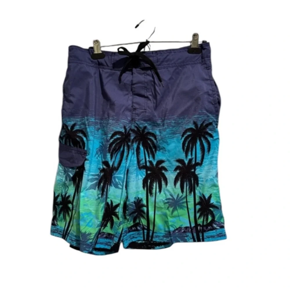 Men's Tropical Palm Print Swim Shorts - Blue/Green